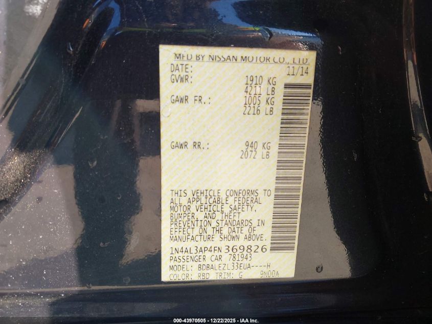 2015 Nissan Altima 2.5 S VIN: 1N4AL3AP4FN369826 Lot: 43970505