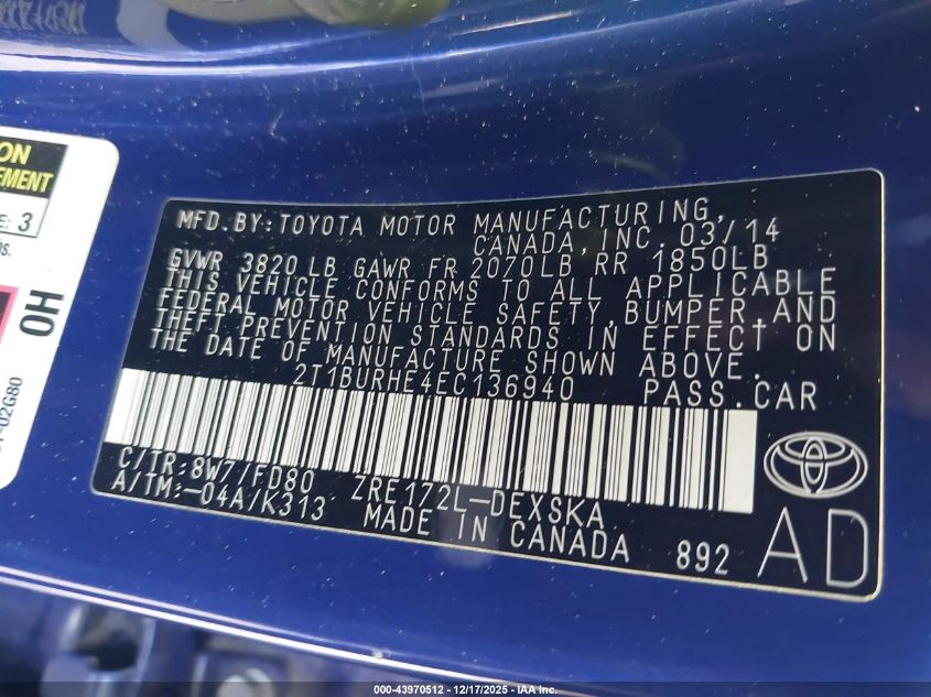 2014 Toyota Corolla S Plus VIN: 2T1BURHE4EC136940 Lot: 43970512