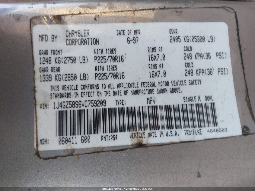 1997 Jeep Grand Cherokee Laredo/Tsi VIN: 1J4GZ58S6VC759209 Lot: 43970514