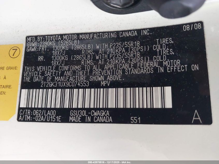 2009 Lexus Rx 350 VIN: 2T2GK31UX9C074553 Lot: 43970516