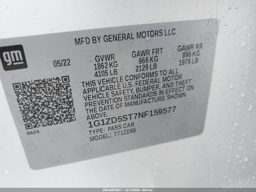 2022 Chevrolet Malibu Fwd Lt VIN: 1G1ZD5ST7NF159577 Lot: 43970517