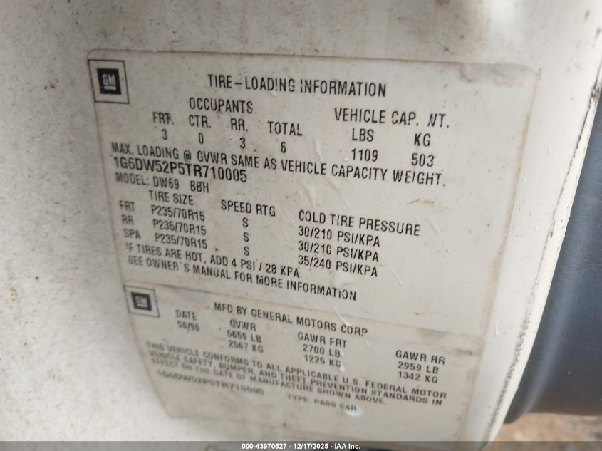 1996 Cadillac Fleetwood Brougham VIN: 1G6DW52P5TR710005 Lot: 43970527