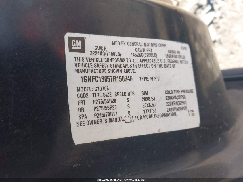2007 Chevrolet Tahoe Ltz VIN: 1GNFC13057R150346 Lot: 43970530