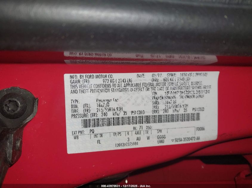 2012 Ford Focus Sel VIN: 1FAHP3H22CL363124 Lot: 43970531