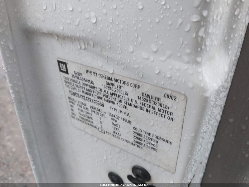 2003 Chevrolet Trailblazer Ls VIN: 1GNDS13S432148988 Lot: 43970533