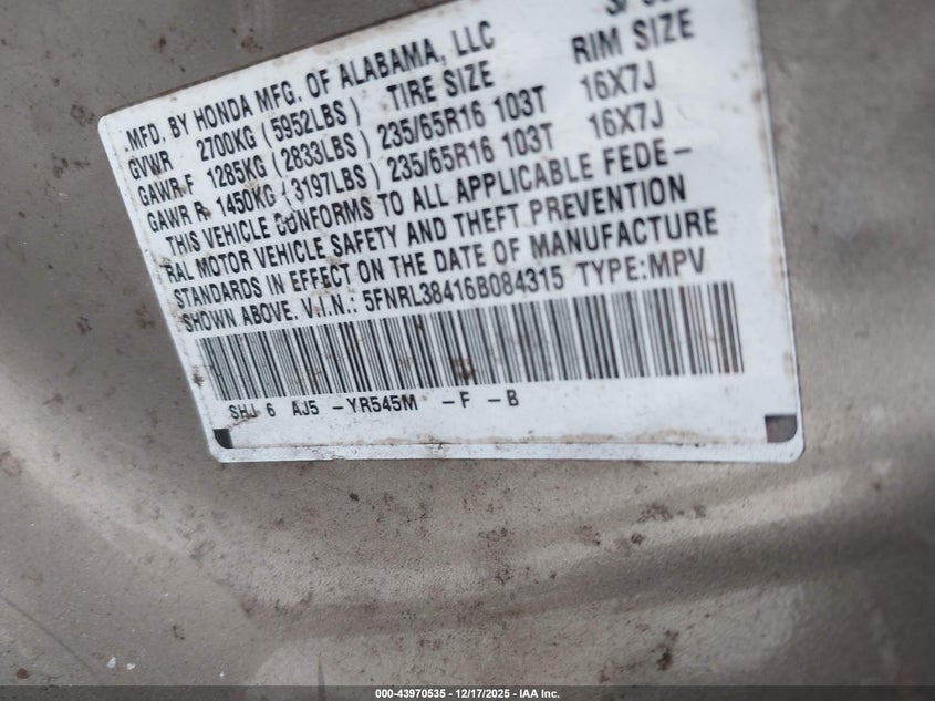 5FNRL38416B084315 2006 HONDA ODYSSEY photo no. 9