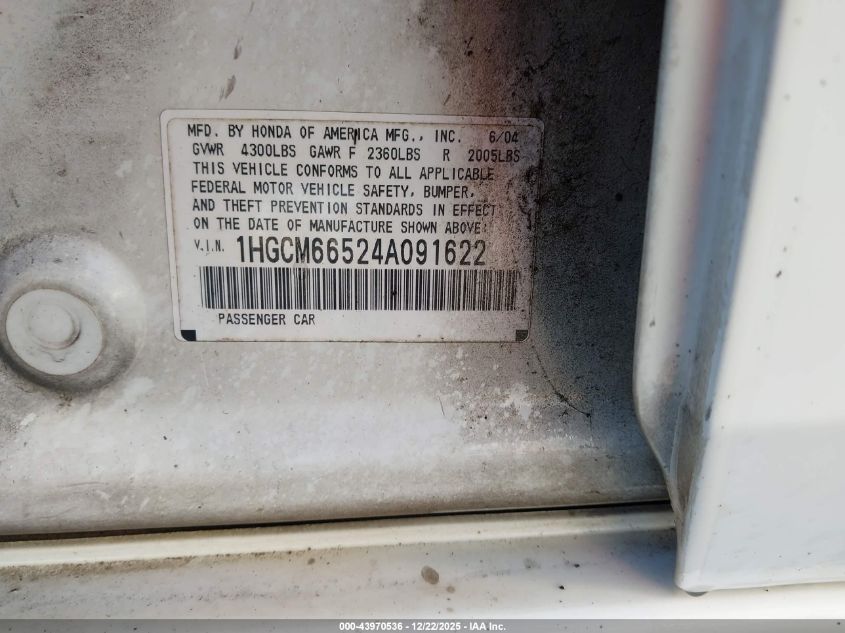 2004 Honda Accord 3.0 Ex VIN: 1HGCM66524A091622 Lot: 43970536