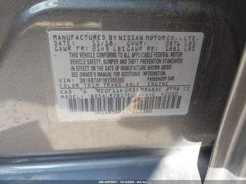 2019 Nissan Sentra Sr VIN: 3N1AB7AP1KY265380 Lot: 43970537