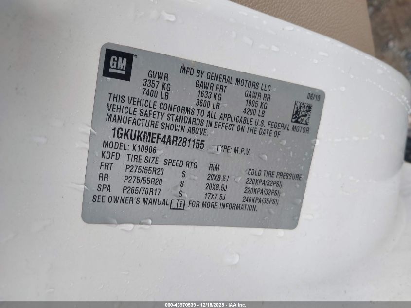 2010 GMC Yukon Xl 1500 Denali VIN: 1GKUKMEF4AR281155 Lot: 43970539