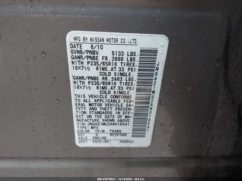 2010 Nissan Murano Sl VIN: JN8AZ1MU2AW016541 Lot: 43970541