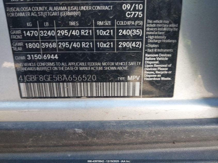 2011 Mercedes-Benz Gl 550 4Matic VIN: 4JGBF8GE5BA656520 Lot: 43970542