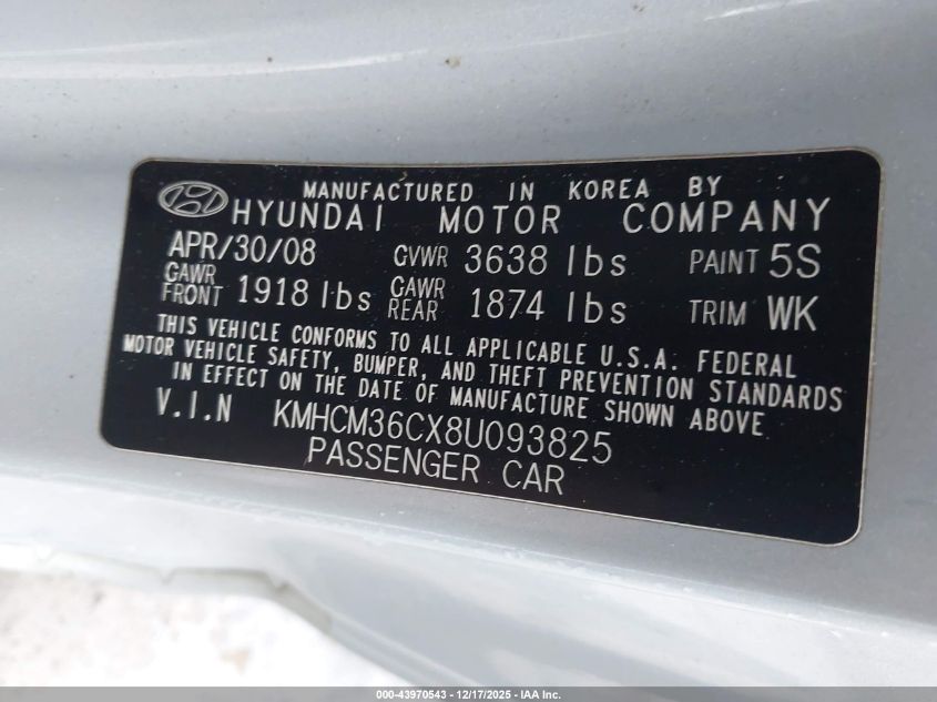 2008 Hyundai Accent Gs VIN: KMHCM36CX8U093825 Lot: 43970543
