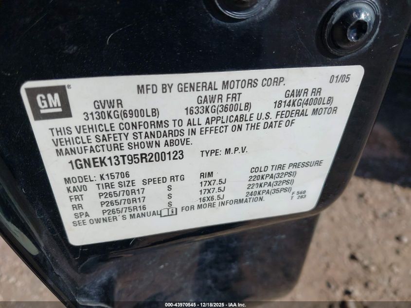 2005 Chevrolet Tahoe Lt VIN: 1GNEK13T95R200123 Lot: 43970545