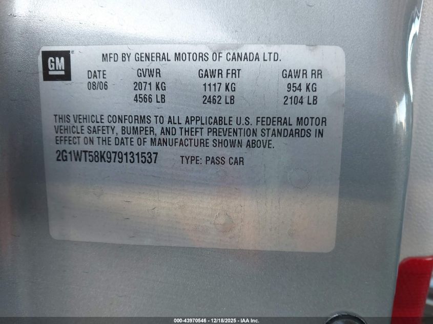 2007 Chevrolet Impala Lt VIN: 2G1WT58K979131537 Lot: 43970546