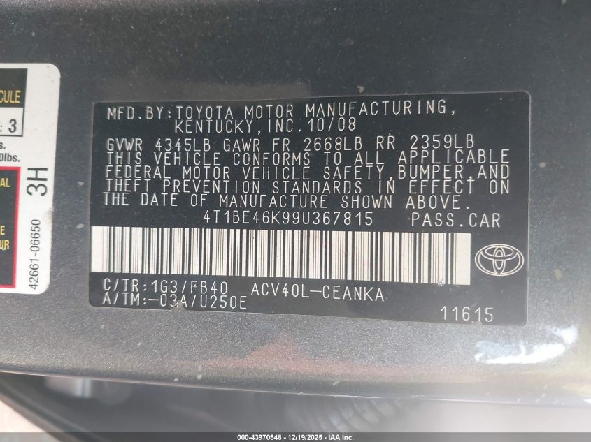 2009 Toyota Camry Le VIN: 4T1BE46K99U367815 Lot: 43970548