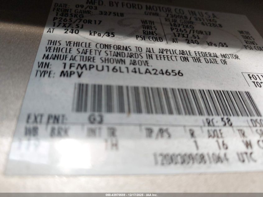 2004 Ford Expedition Nbx/Xlt VIN: 1FMPU16L14LA24656 Lot: 43970559