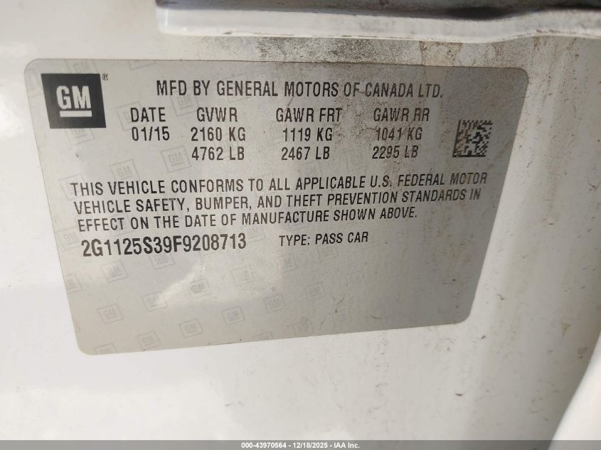 2015 Chevrolet Impala 2Lt VIN: 2G1125S39F9208713 Lot: 43970564