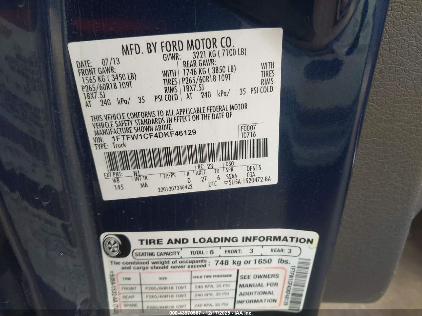 2013 Ford F-150 Xlt VIN: 1FTFW1CF4DKF46129 Lot: 43970567