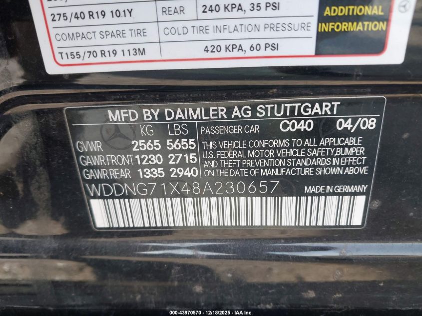 2008 Mercedes-Benz S 550 VIN: WDDNG71X48A230657 Lot: 43970570