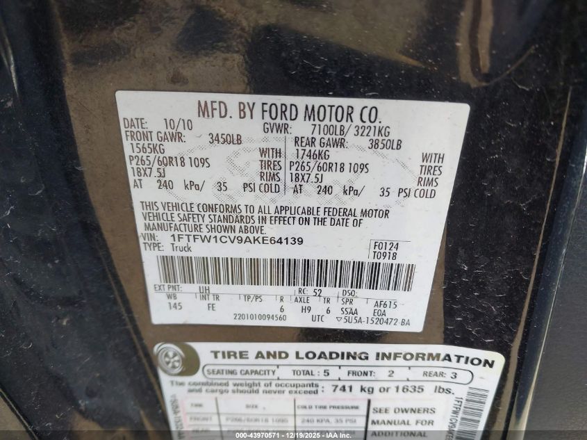 2010 Ford F-150 Fx2 Sport/Harley-Davidson/King Ranch/Lariat/Platinum/Xl/Xlt VIN: 1FTFW1CV9AKE64139 Lot: 43970571