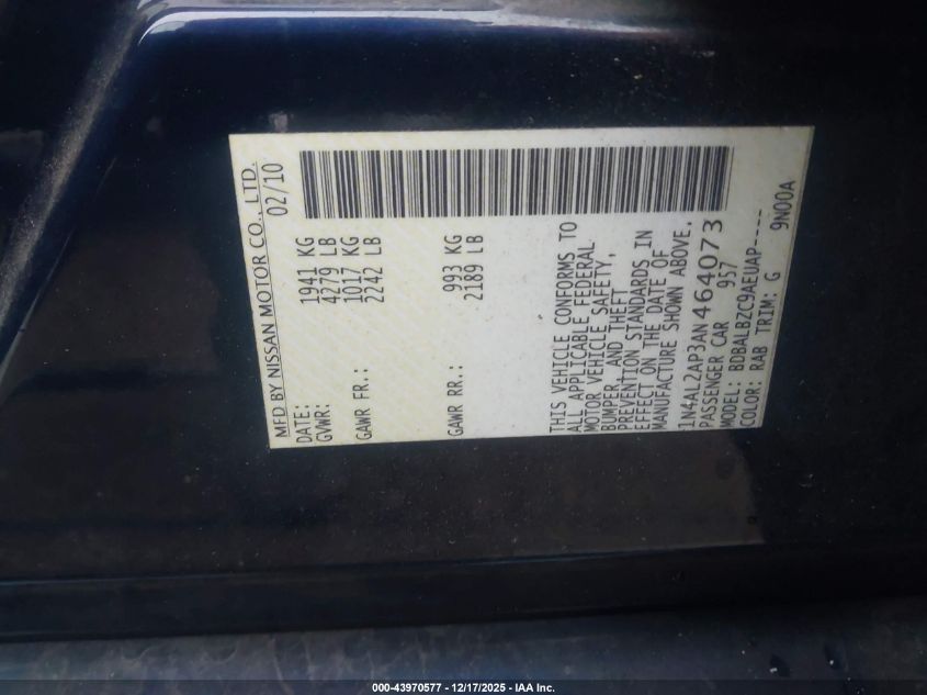 2010 Nissan Altima 2.5 S VIN: 1N4AL2AP3AN464073 Lot: 43970577