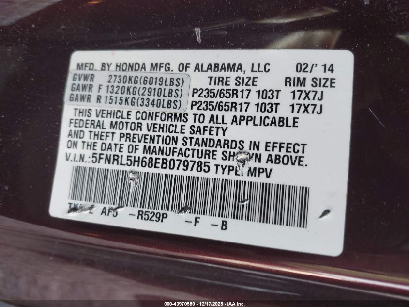 2014 Honda Odyssey Ex-L VIN: 5FNRL5H68EB079785 Lot: 43970580