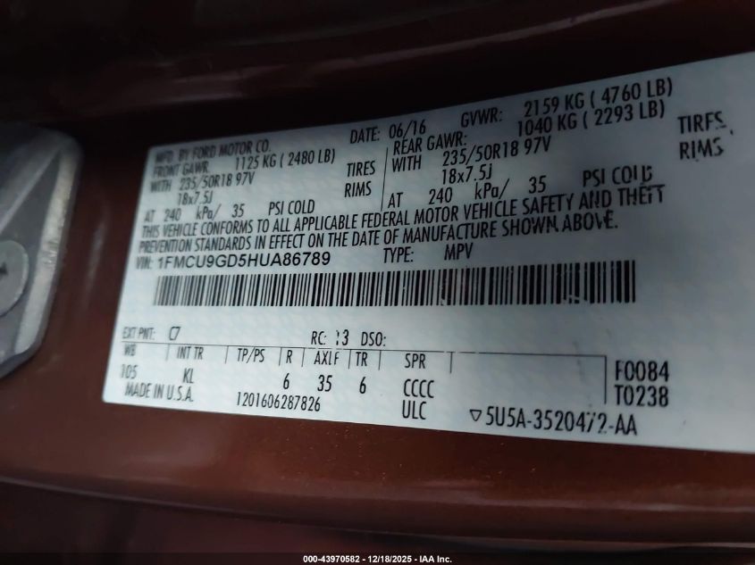 2017 Ford Escape Se VIN: 1FMCU9GD5HUA86789 Lot: 43970582