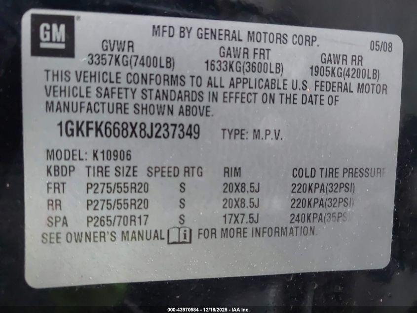 2008 GMC Yukon Xl 1500 Denali VIN: 1GKFK668X8J237349 Lot: 43970584