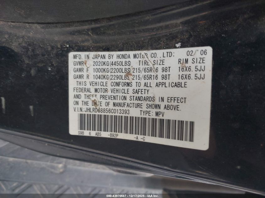 2006 Honda Cr-V Ex VIN: JHLRD68856C013393 Lot: 43970587