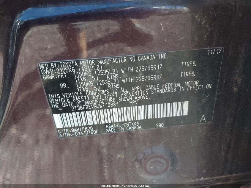 2018 Toyota Rav4 Le VIN: 2T3BFREV9JW719681 Lot: 43970589