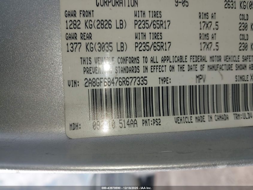 2006 Chrysler Pacifica Touring VIN: 2A8GF68476R677335 Lot: 43970590