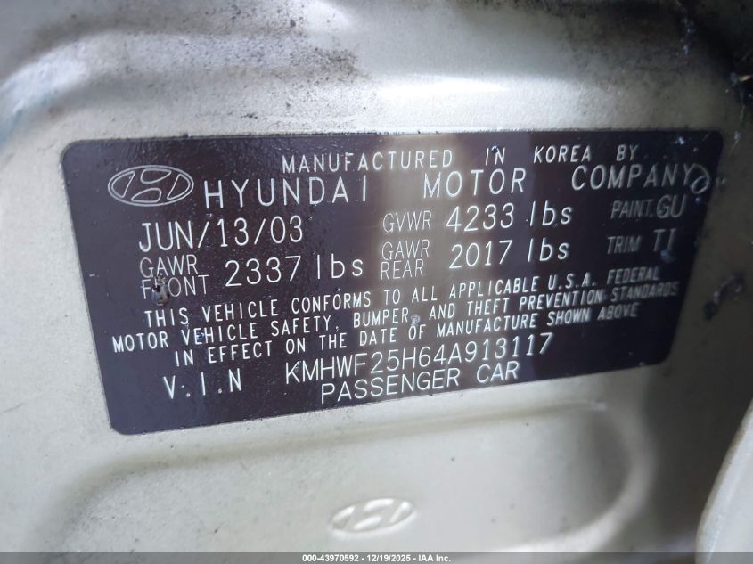 2004 Hyundai Sonata VIN: KMHWF25H64A913117 Lot: 43970592