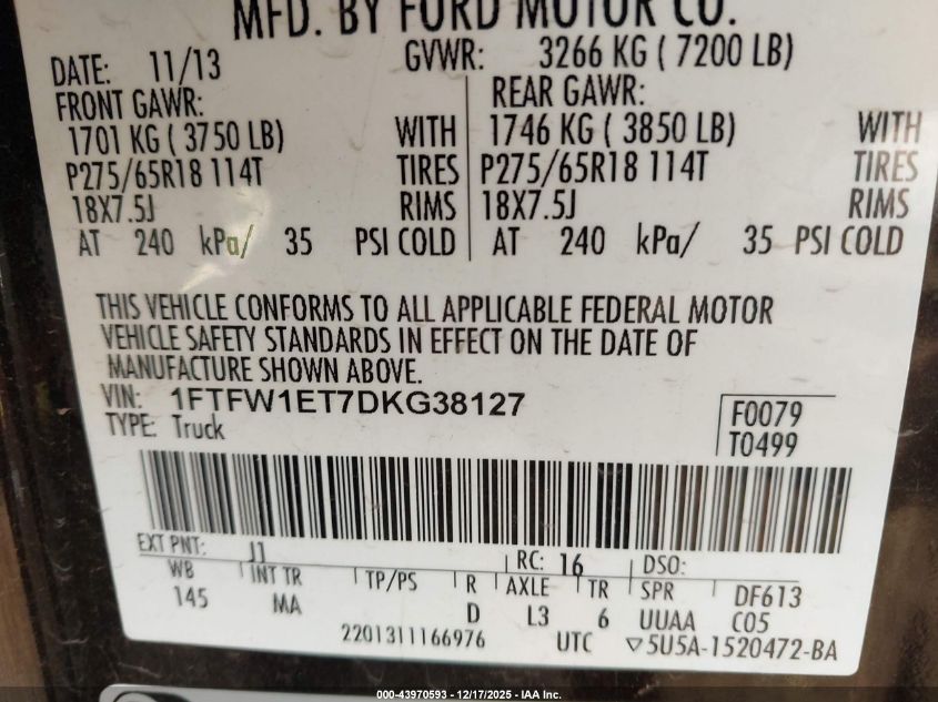 2013 Ford F-150 Xlt VIN: 1FTFW1ET7DKG38127 Lot: 43970593