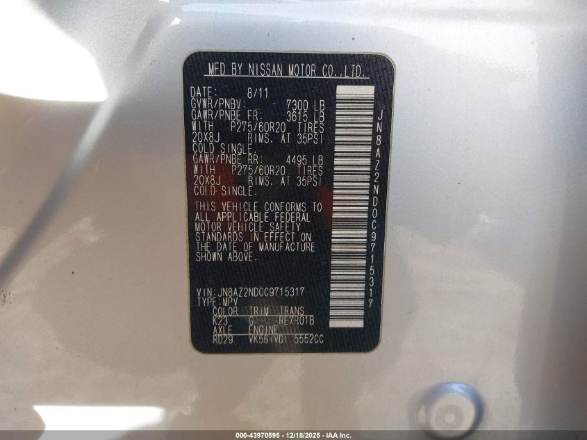 2012 Infiniti Qx56 VIN: JN8AZ2ND0C9715317 Lot: 43970595