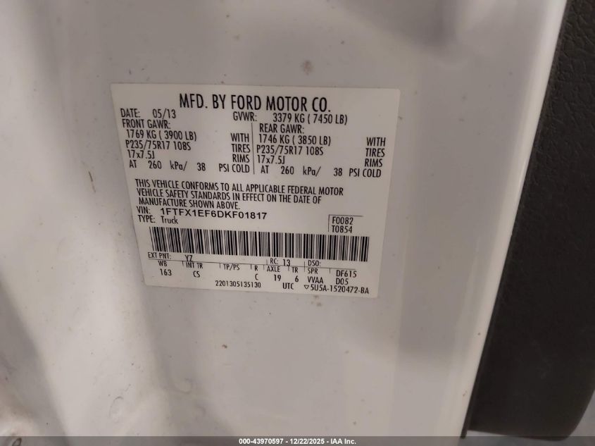 2013 Ford F-150 Xl VIN: 1FTFX1EF6DKF01817 Lot: 43970597
