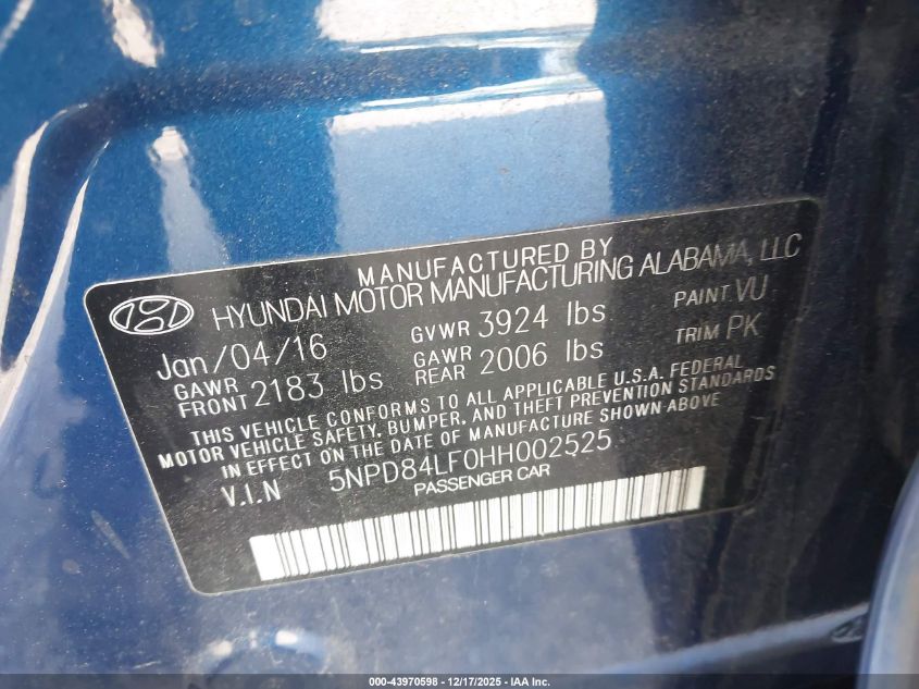 2017 Hyundai Elantra Se VIN: 5NPD84LF0HH002525 Lot: 43970598