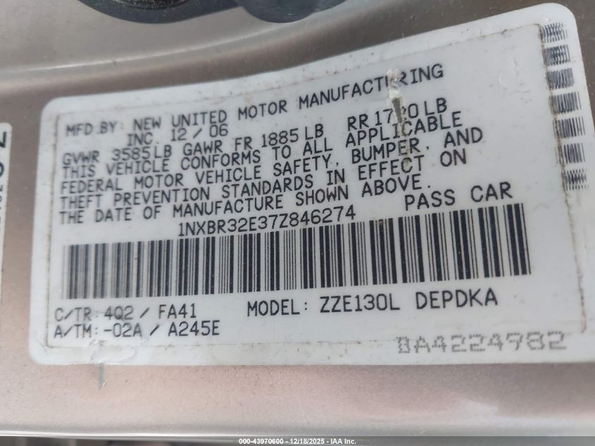 2007 Toyota Corolla Ce VIN: 1NXBR32E37Z846274 Lot: 43970600