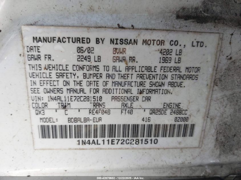 2002 Nissan Altima 2.5 Sl VIN: 1N4AL11E72C281510 Lot: 43970602