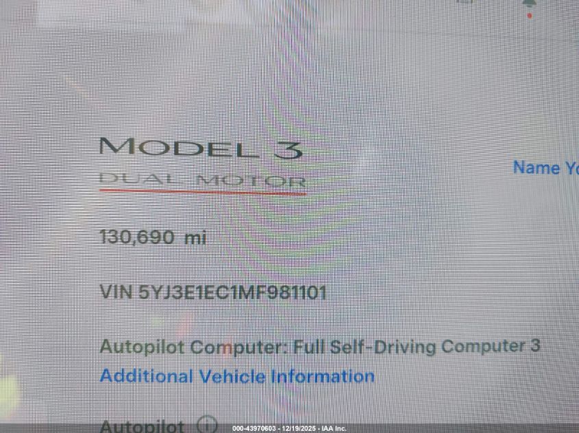 2021 Tesla Model 3 Performance Dual Motor All-Wheel Drive VIN: 5YJ3E1EC1MF981101 Lot: 43970603