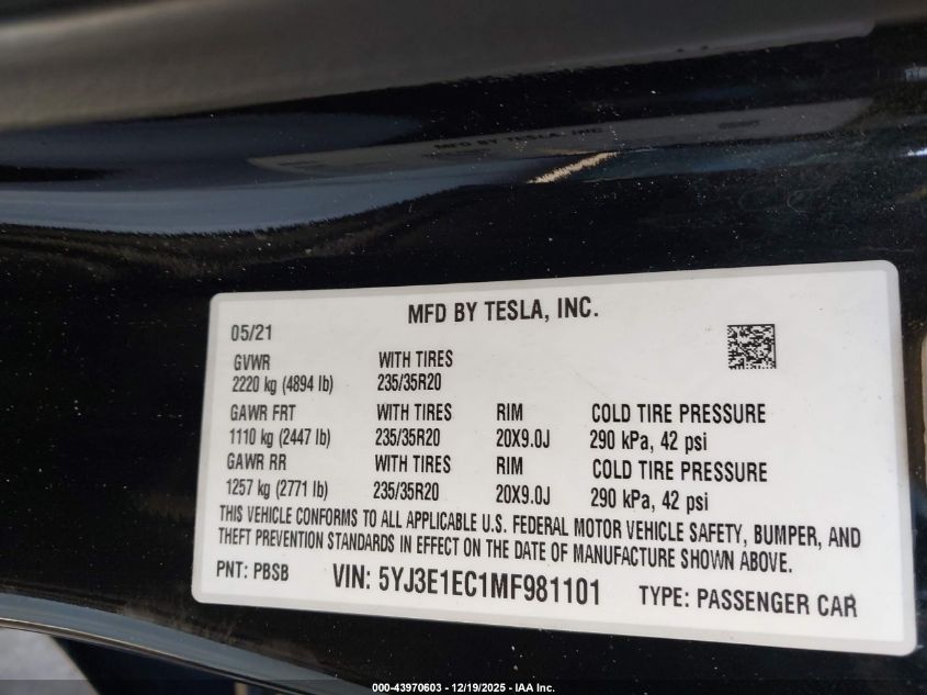 2021 Tesla Model 3 Performance Dual Motor All-Wheel Drive VIN: 5YJ3E1EC1MF981101 Lot: 43970603