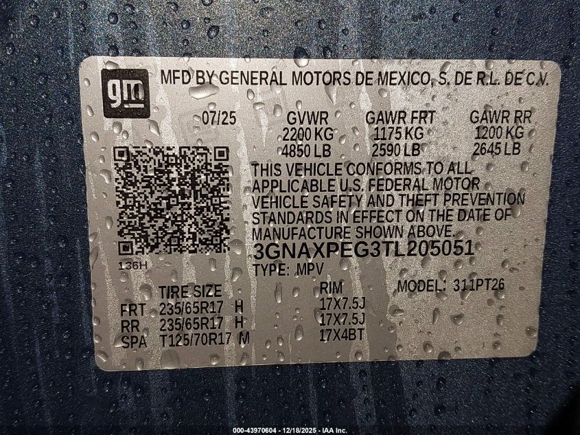 2026 Chevrolet Equinox Awd Lt VIN: 3GNAXPEG3TL205051 Lot: 43970604
