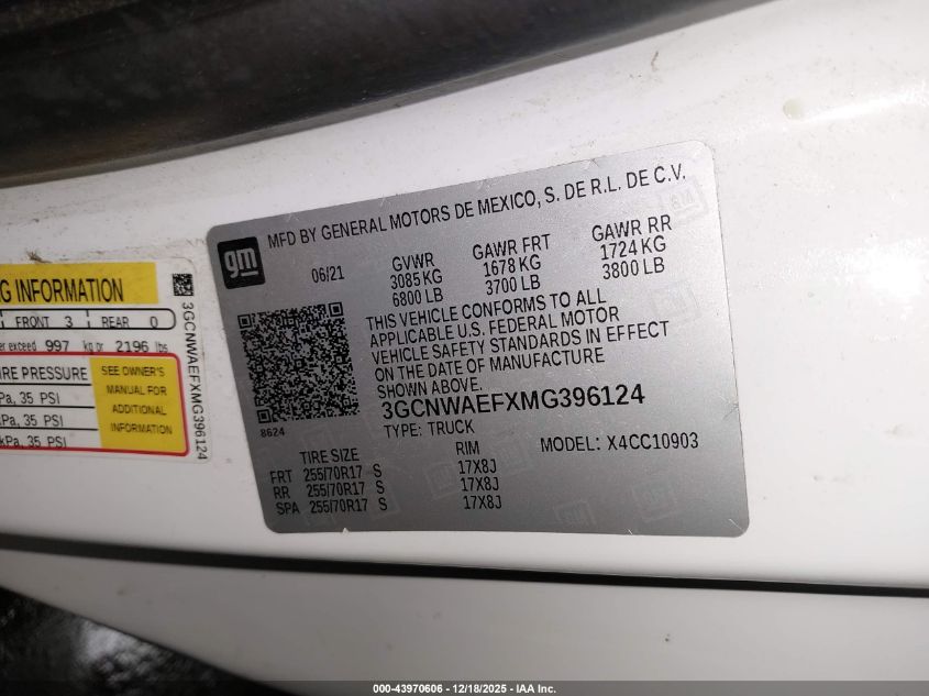 2021 Chevrolet Silverado 1500 2Wd Long Bed Wt VIN: 3GCNWAEFXMG396124 Lot: 43970606