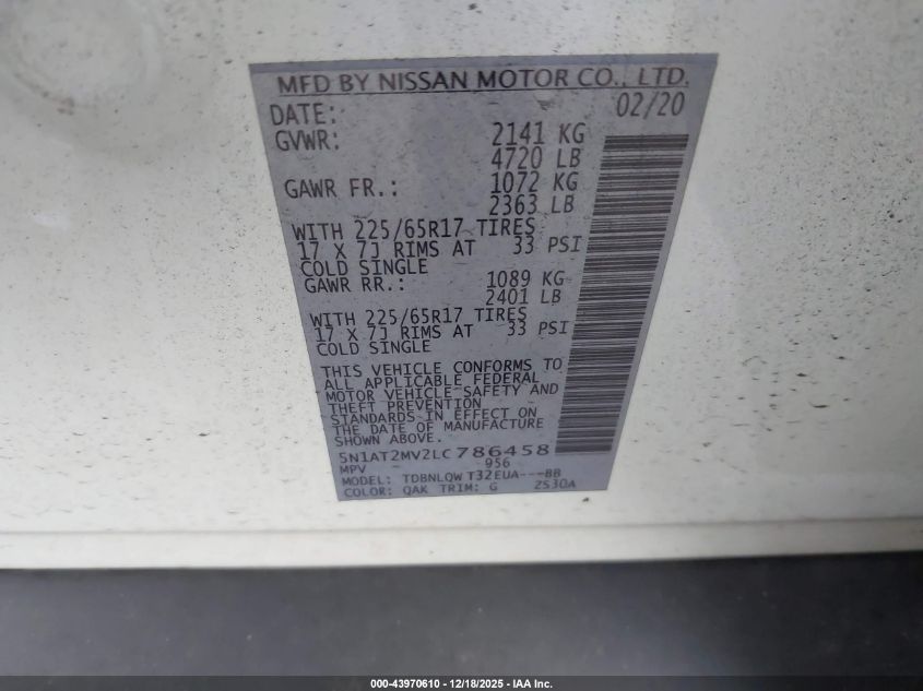 2020 Nissan Rogue Sv Intelligent Awd VIN: 5N1AT2MV2LC786458 Lot: 43970610