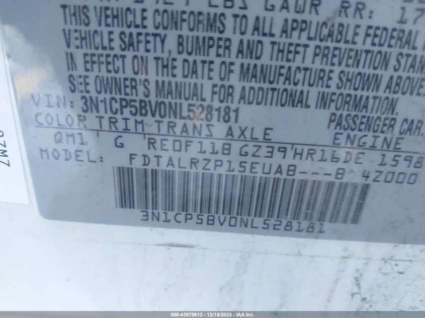 2022 Nissan Kicks S Xtronic Cvt VIN: 3N1CP5BV0NL528181 Lot: 43970613