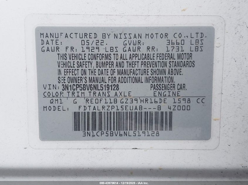 2022 Nissan Kicks S Xtronic Cvt VIN: 3N1CP5BV6NL519128 Lot: 43970614