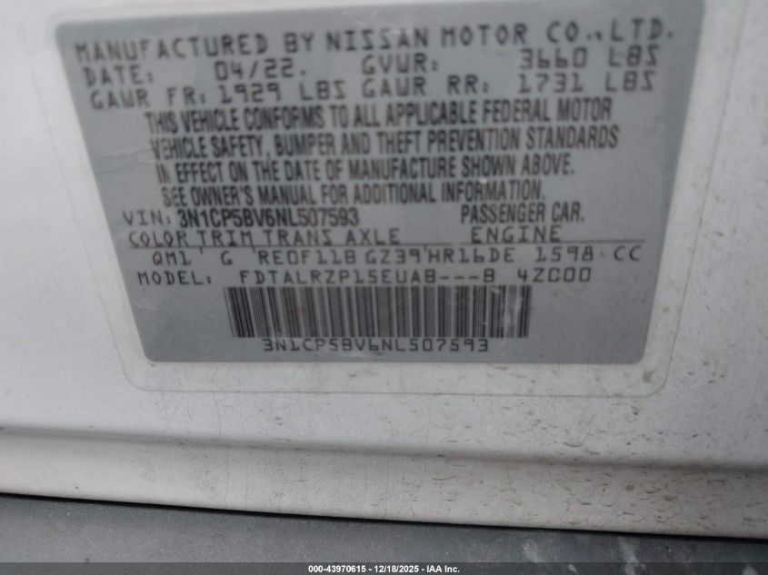 2022 Nissan Kicks S Xtronic Cvt VIN: 3N1CP5BV6NL507593 Lot: 43970615