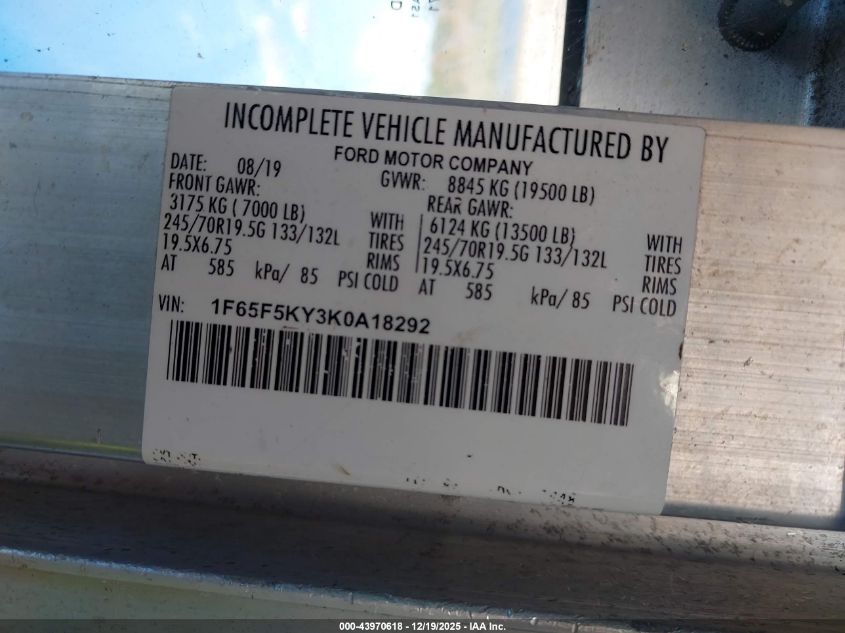 2019 Ford F-59 Commercial Stripped VIN: 1F65F5KY3K0A18292 Lot: 43970618