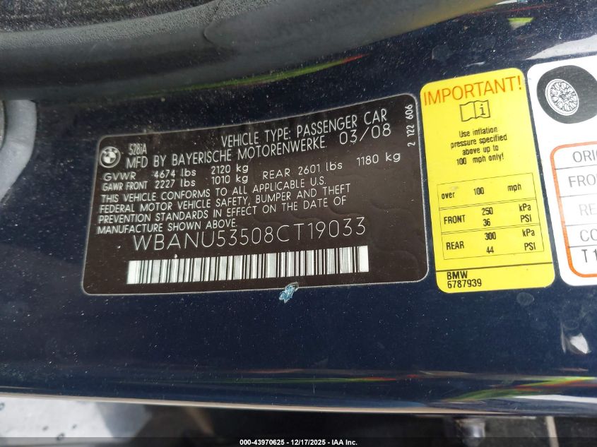 2008 BMW 528I VIN: WBANU53508CT19033 Lot: 43970625