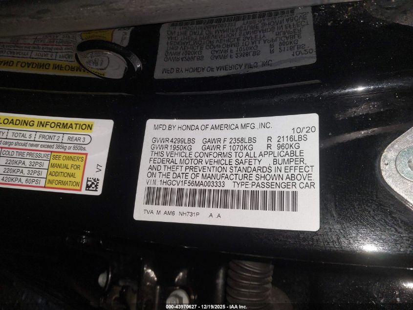 2021 Honda Accord Ex-L VIN: 1HGCV1F56MA003333 Lot: 43970627