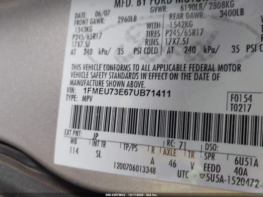 2007 Ford Explorer Xlt VIN: 1FMEU73E67UB71411 Lot: 43970632
